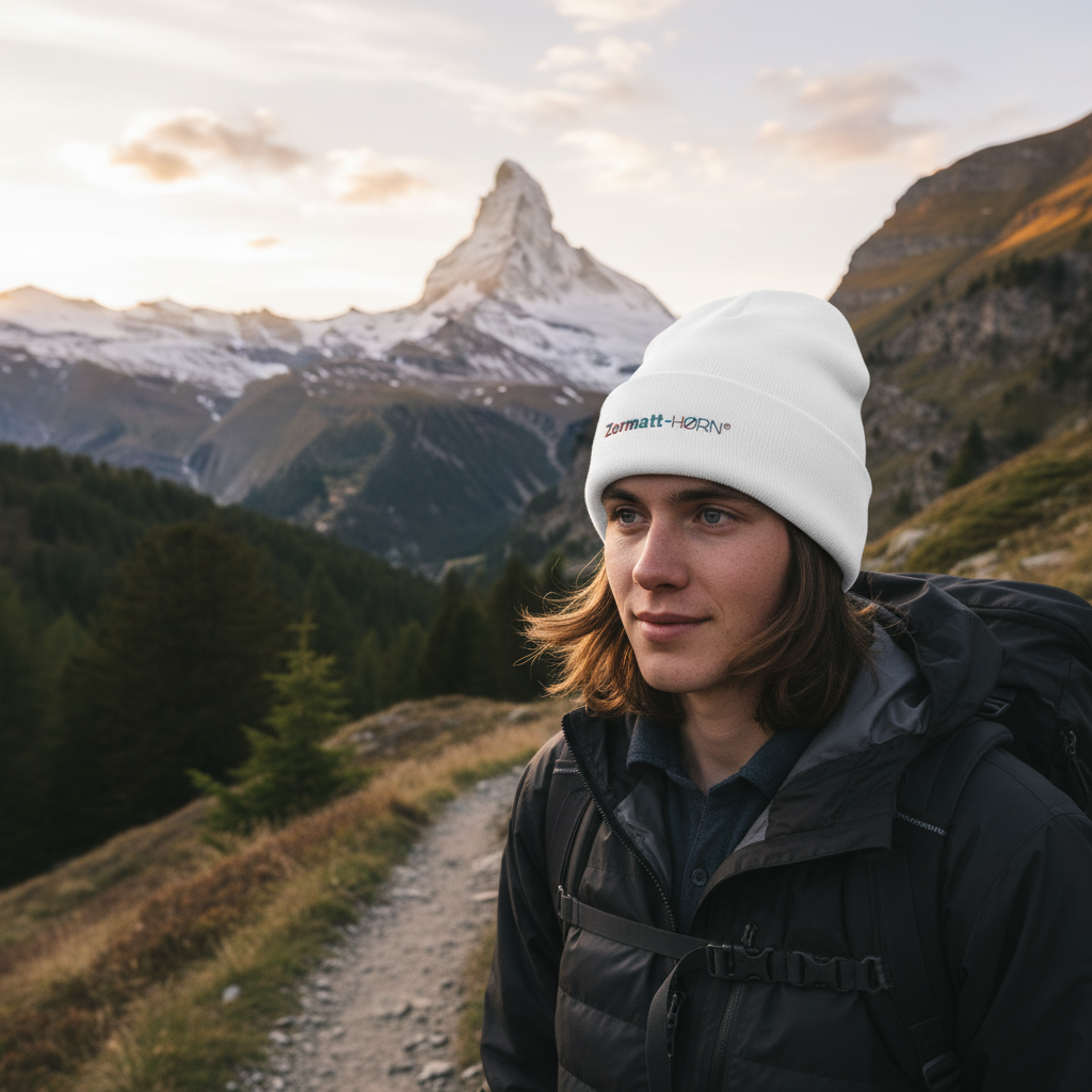 Winter Beanie Hat. Zermatt logo embroidered, Rainbow Mountains design.